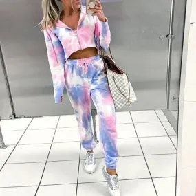 Women Set Tie Dye Long Sleeve Top Shirt And Pants Loose Two Piece
