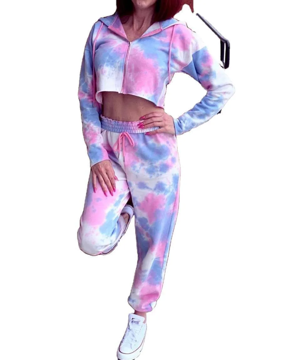 Women Set Tie Dye Long Sleeve Top Shirt And Pants Loose Two Piece