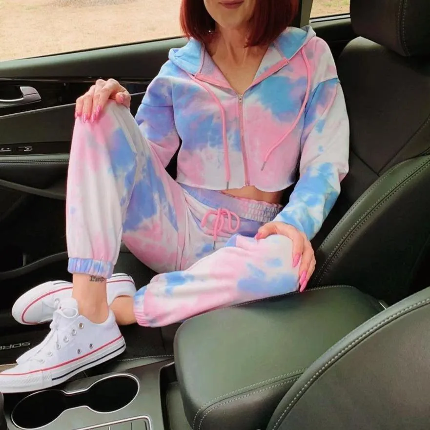 Women Set Tie Dye Long Sleeve Top Shirt And Pants Loose Two Piece
