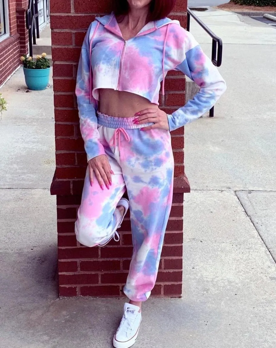 Women Set Tie Dye Long Sleeve Top Shirt And Pants Loose Two Piece