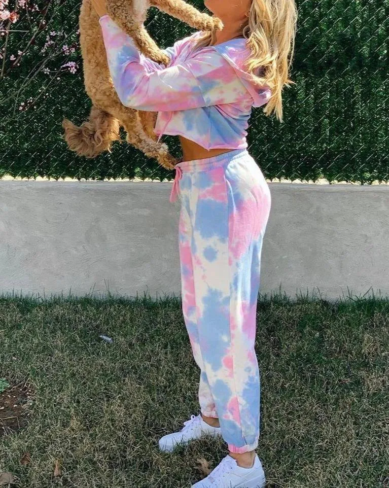Women Set Tie Dye Long Sleeve Top Shirt And Pants Loose Two Piece