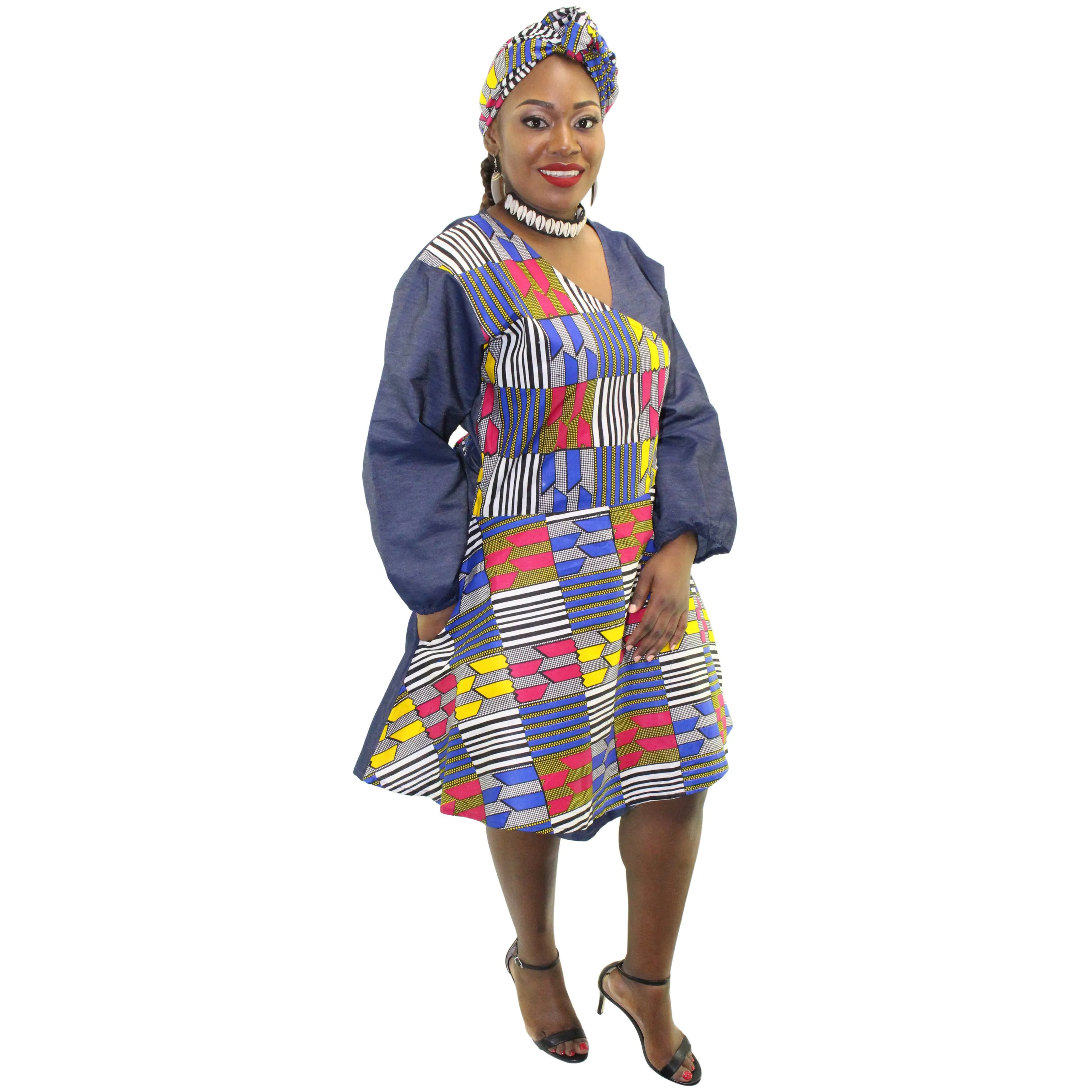 Women's African Print Short Denim Wrap Dress - FI-57 F/S