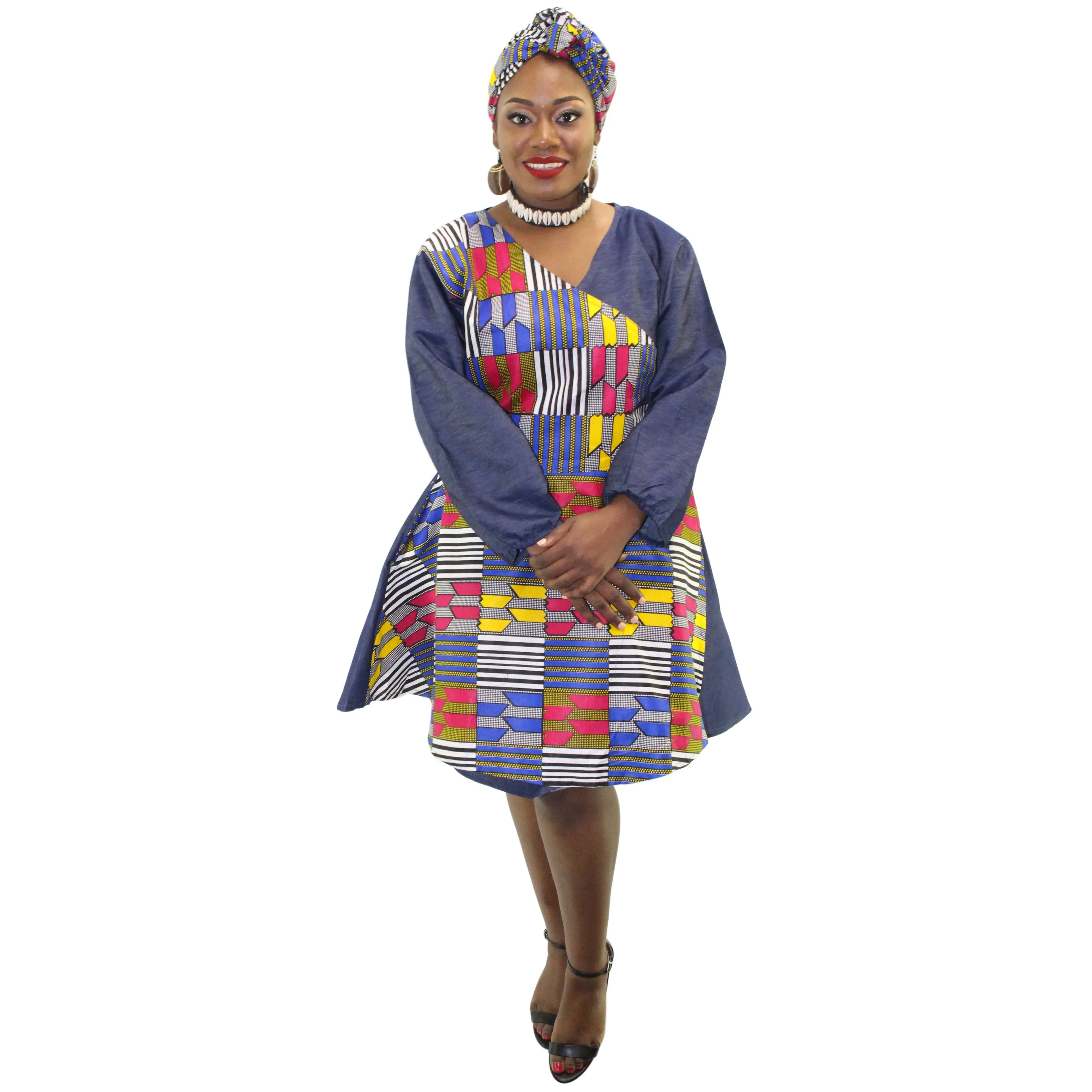 Women's African Print Short Denim Wrap Dress - FI-57 F/S