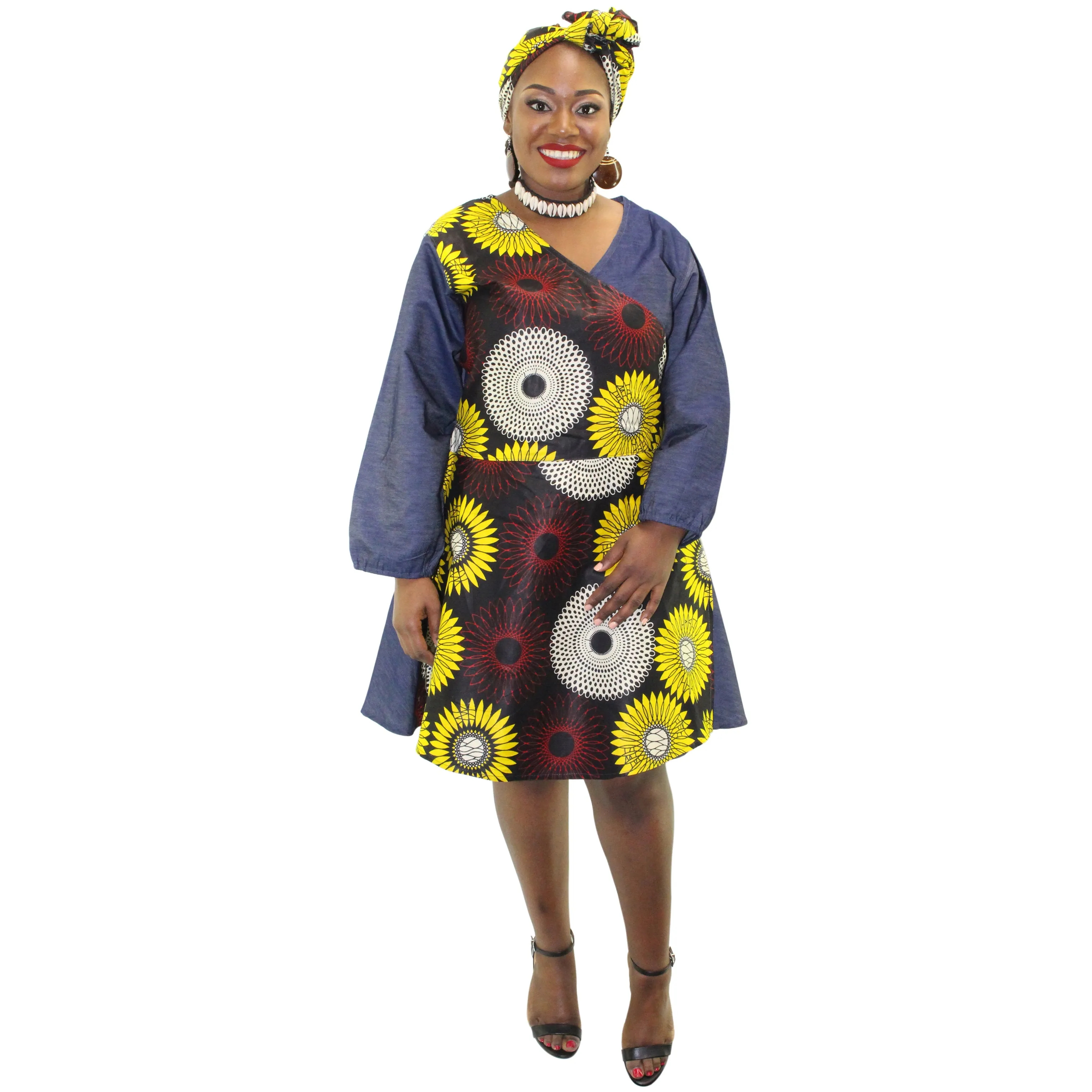 Women's African Print Short Denim Wrap Dress - FI-57 F/S