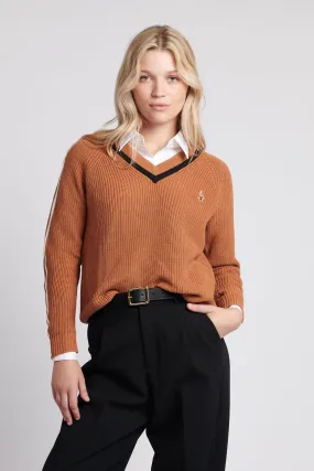 Womens Knitted Cricket Jumper in Pecan Brown