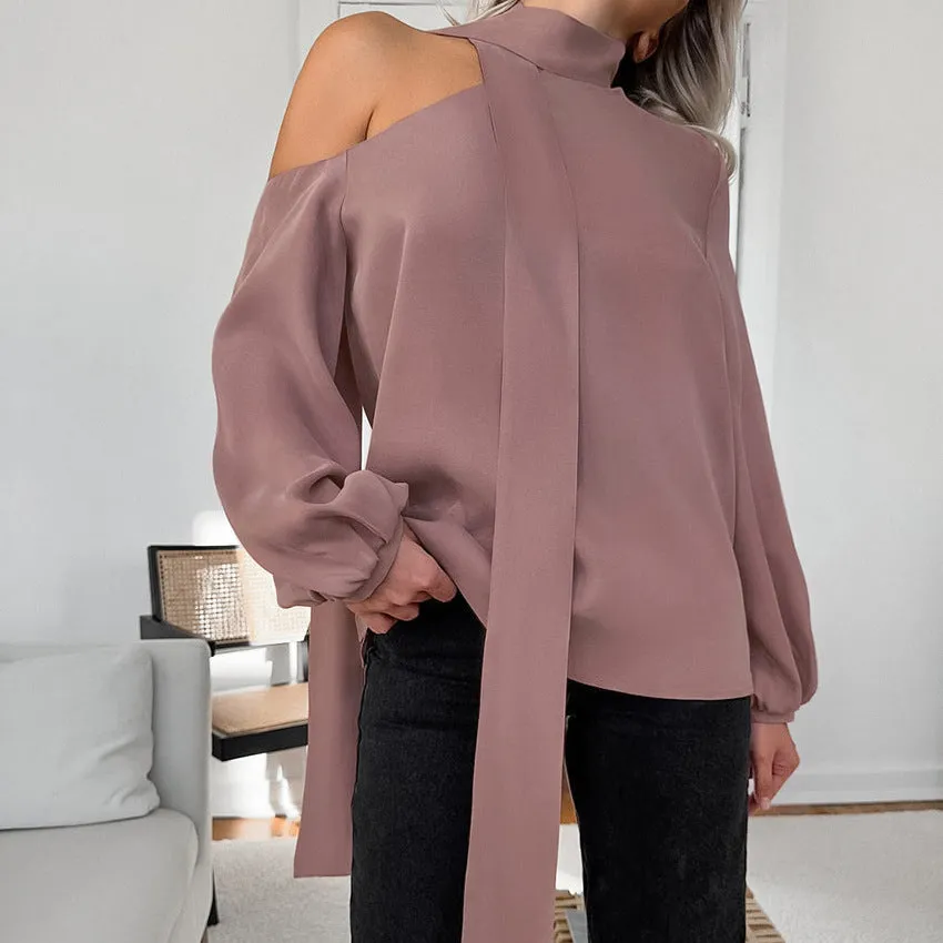 Women's Satin Asymmetrical Neckline Sexy Off-Shoulder Long Sleeve Shirt