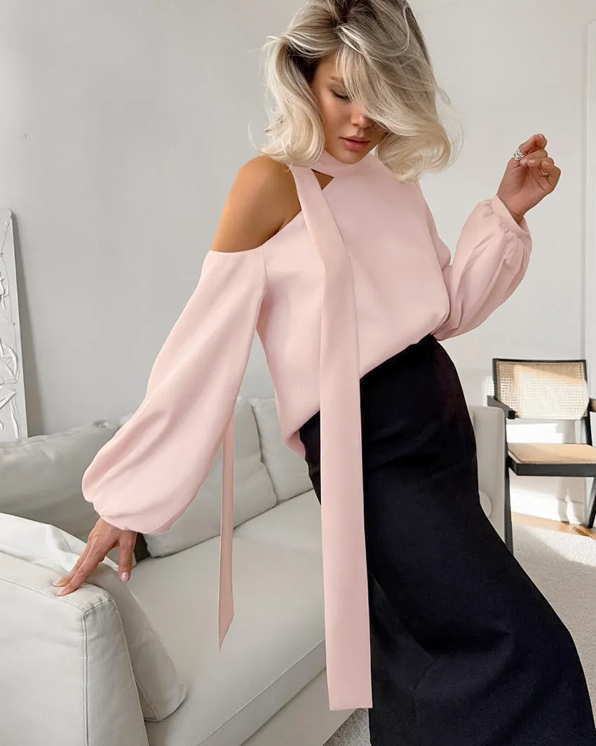 Women's Satin Asymmetrical Neckline Sexy Off-Shoulder Long Sleeve Shirt