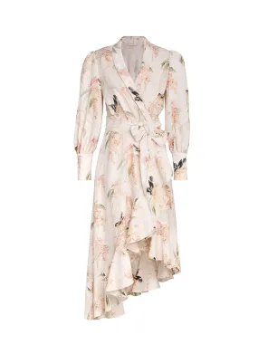 Wrap Midi Dress (Coral Birds)