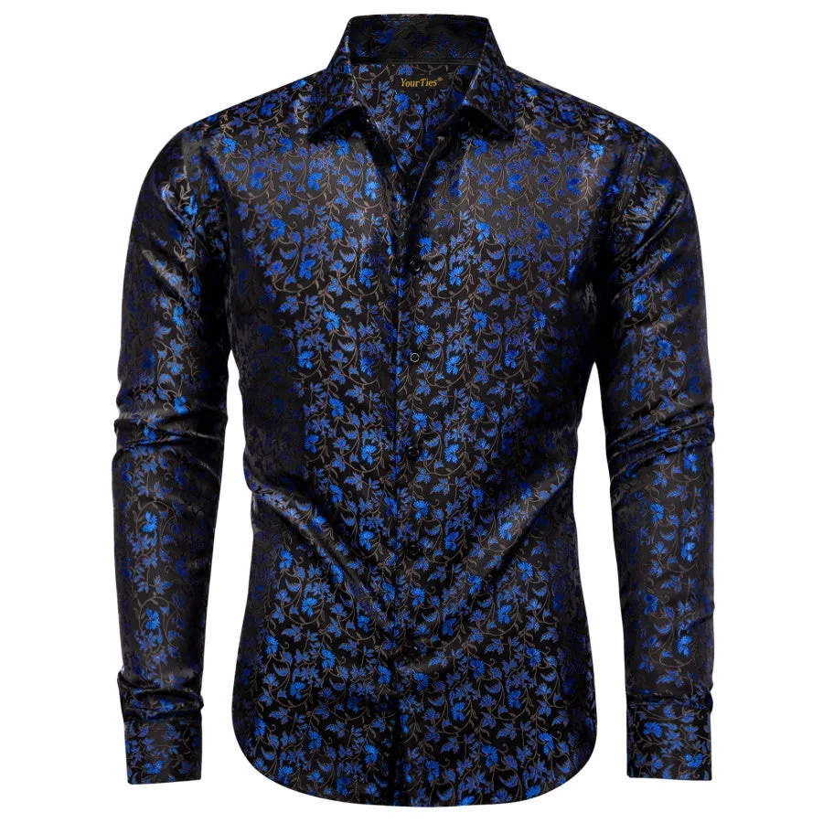 YourTies Black Mens Top Blue Floral Jacquard Long Sleeve Dinner Shirt