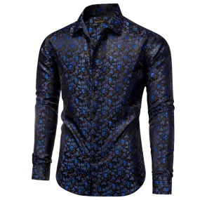 YourTies Black Mens Top Blue Floral Jacquard Long Sleeve Dinner Shirt