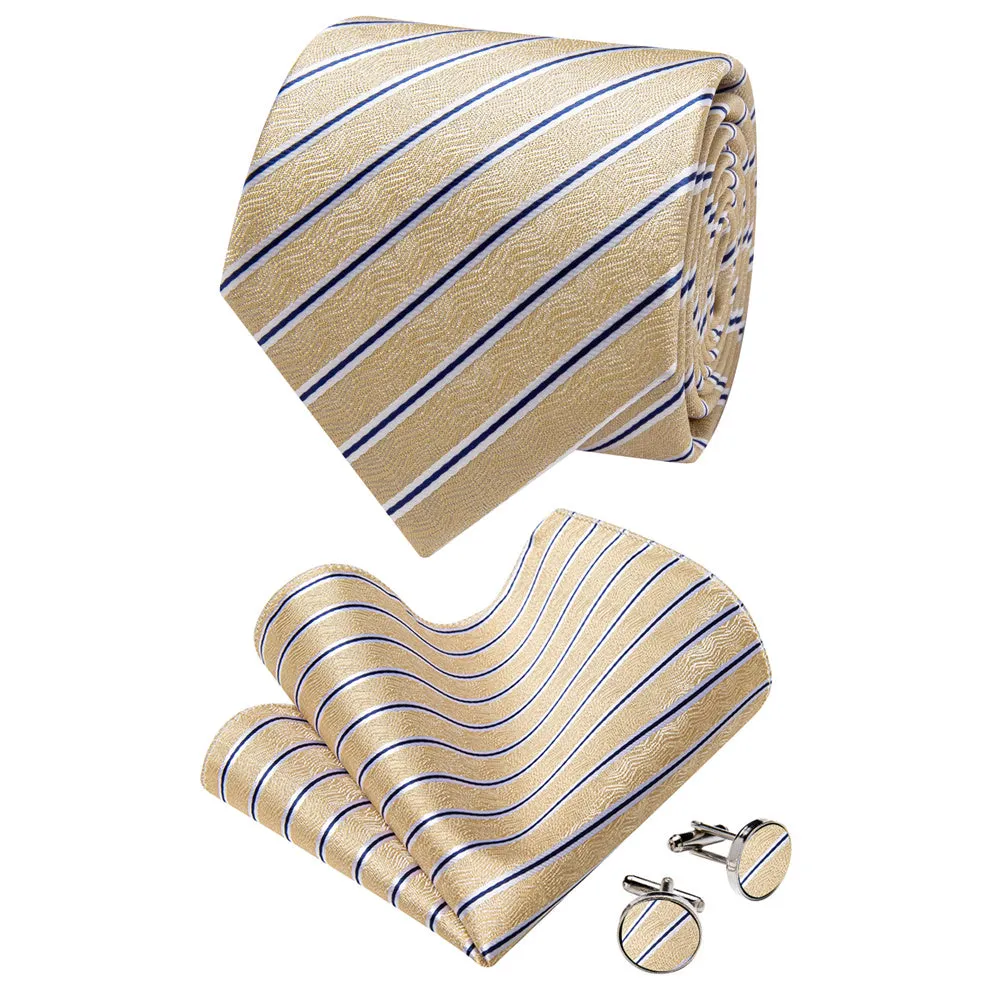 YourTies White Solid Long Sleeve Shirt with Champagne Striped Silk Tie for Men